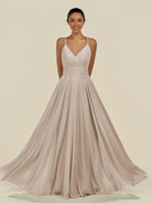 KissDress-Amirae Frost A Line Chiffon V Neck Long Bridesmaid Dress with Cinched Waistline