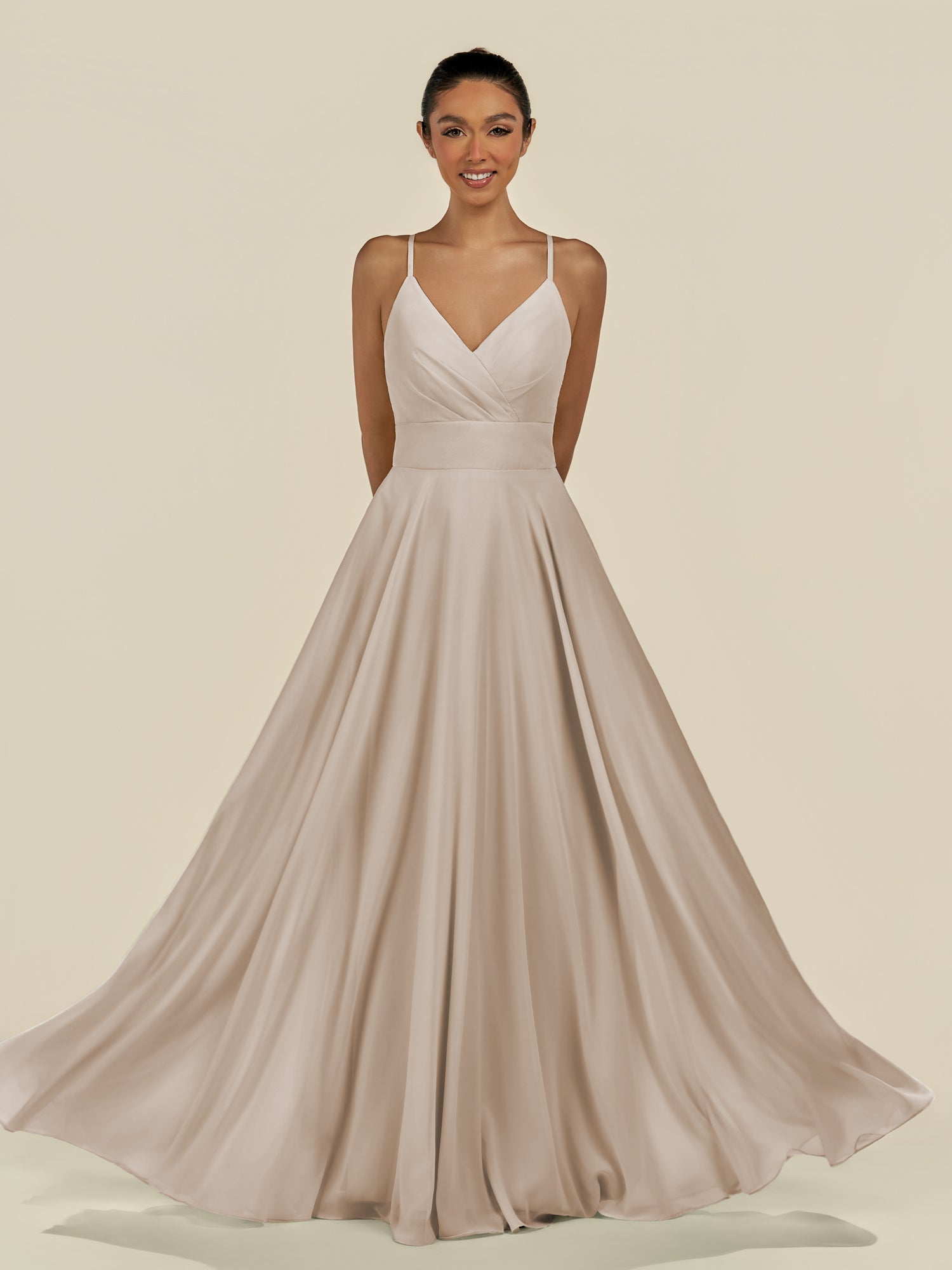 KissDress-Amirae Frost A Line Chiffon V Neck Long Bridesmaid Dress with Cinched Waistline