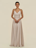 KissDress-Amirae Frost A Line Chiffon V Neck Long Bridesmaid Dress with Cinched Waistline