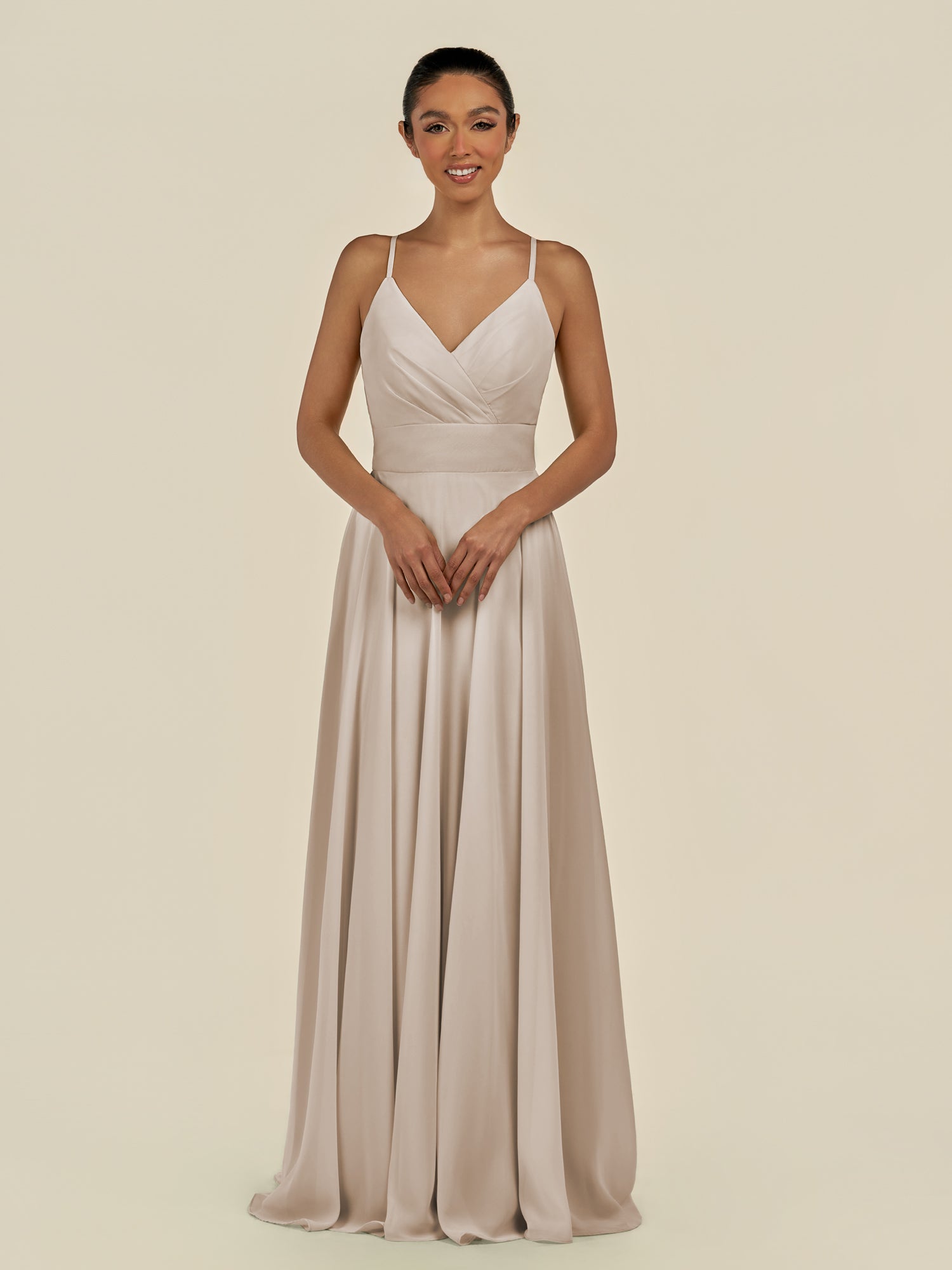 KissDress-Amirae Frost A Line Chiffon V Neck Long Bridesmaid Dress with Cinched Waistline