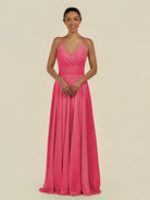 KissDress-Amirae Fuchsia A Line Chiffon V Neck Long Bridesmaid Dress with Cinched Waistline