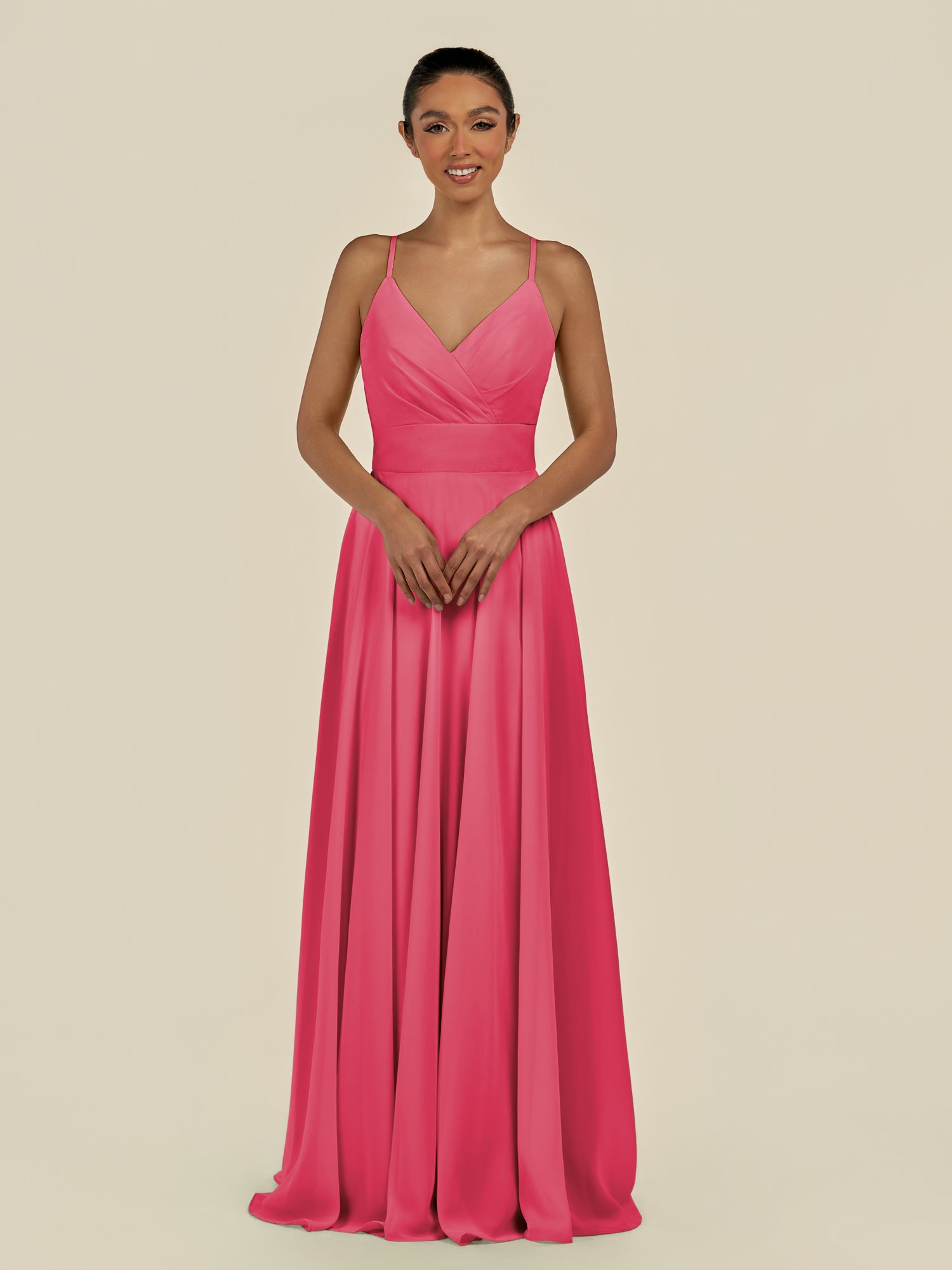 KissDress-Amirae Fuchsia A Line Chiffon V Neck Long Bridesmaid Dress with Cinched Waistline