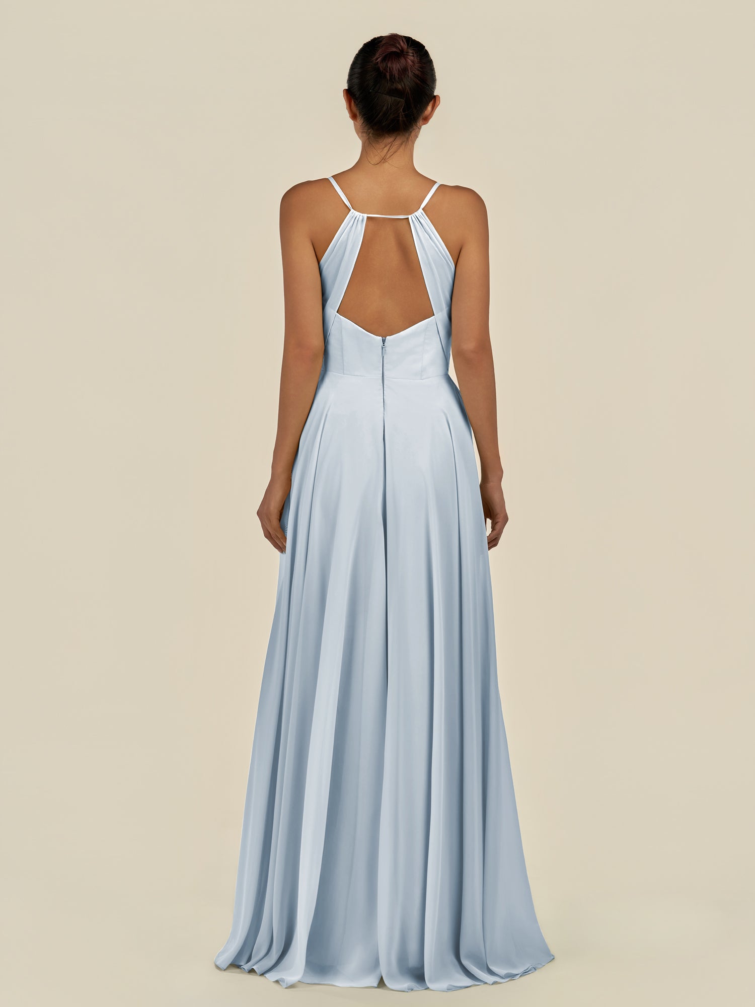 KissDress-Amirae Ice A Line Chiffon V Neck Long Bridesmaid Dress with Cinched Waistline