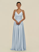 KissDress-Amirae Ice A Line Chiffon V Neck Long Bridesmaid Dress with Cinched Waistline
