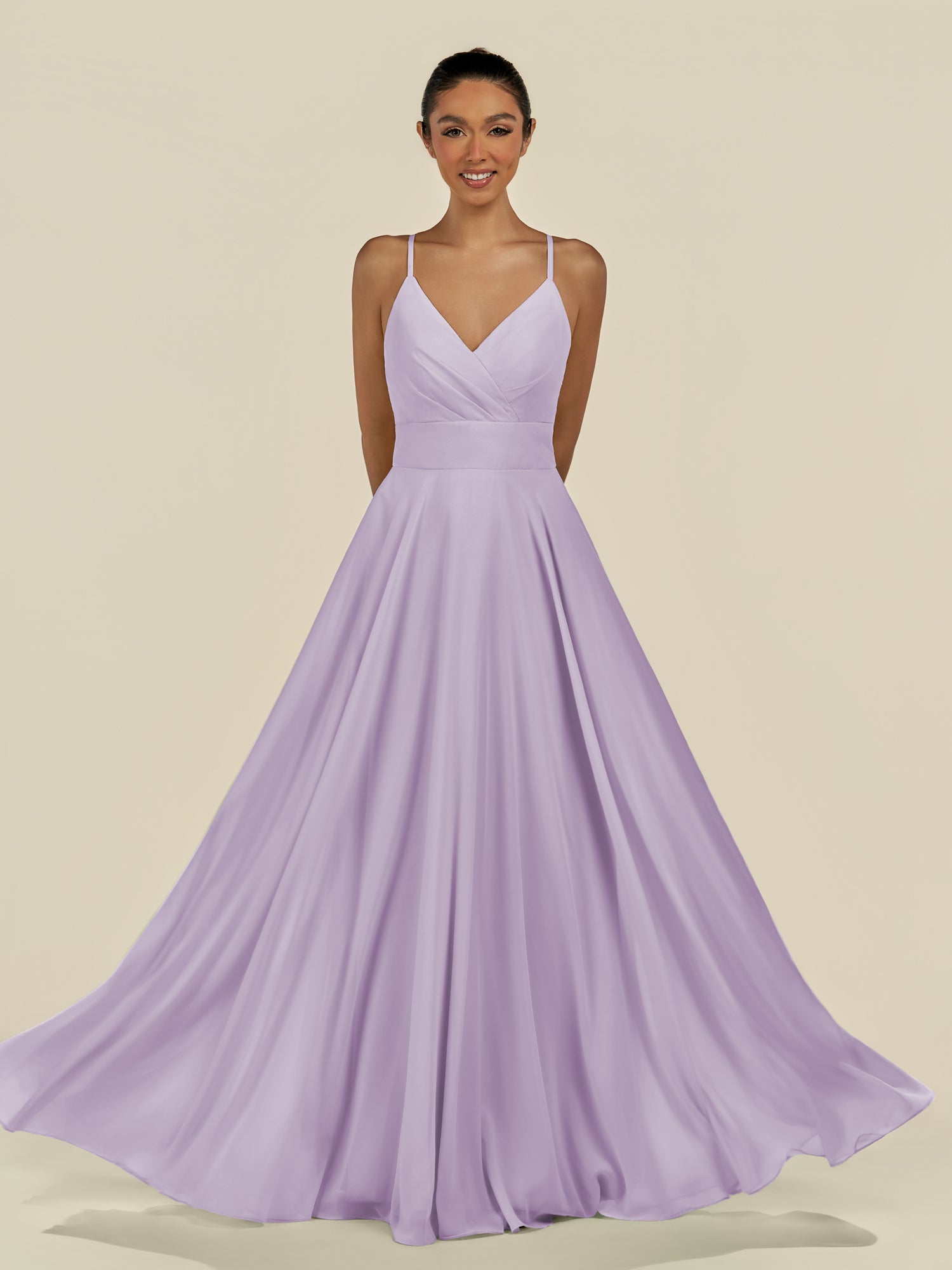 KissDress-Amirae Lavender A Line Chiffon V Neck Long Bridesmaid Dress with Cinched Waistline
