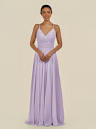 KissDress-Amirae Lavender A Line Chiffon V Neck Long Bridesmaid Dress with Cinched Waistline
