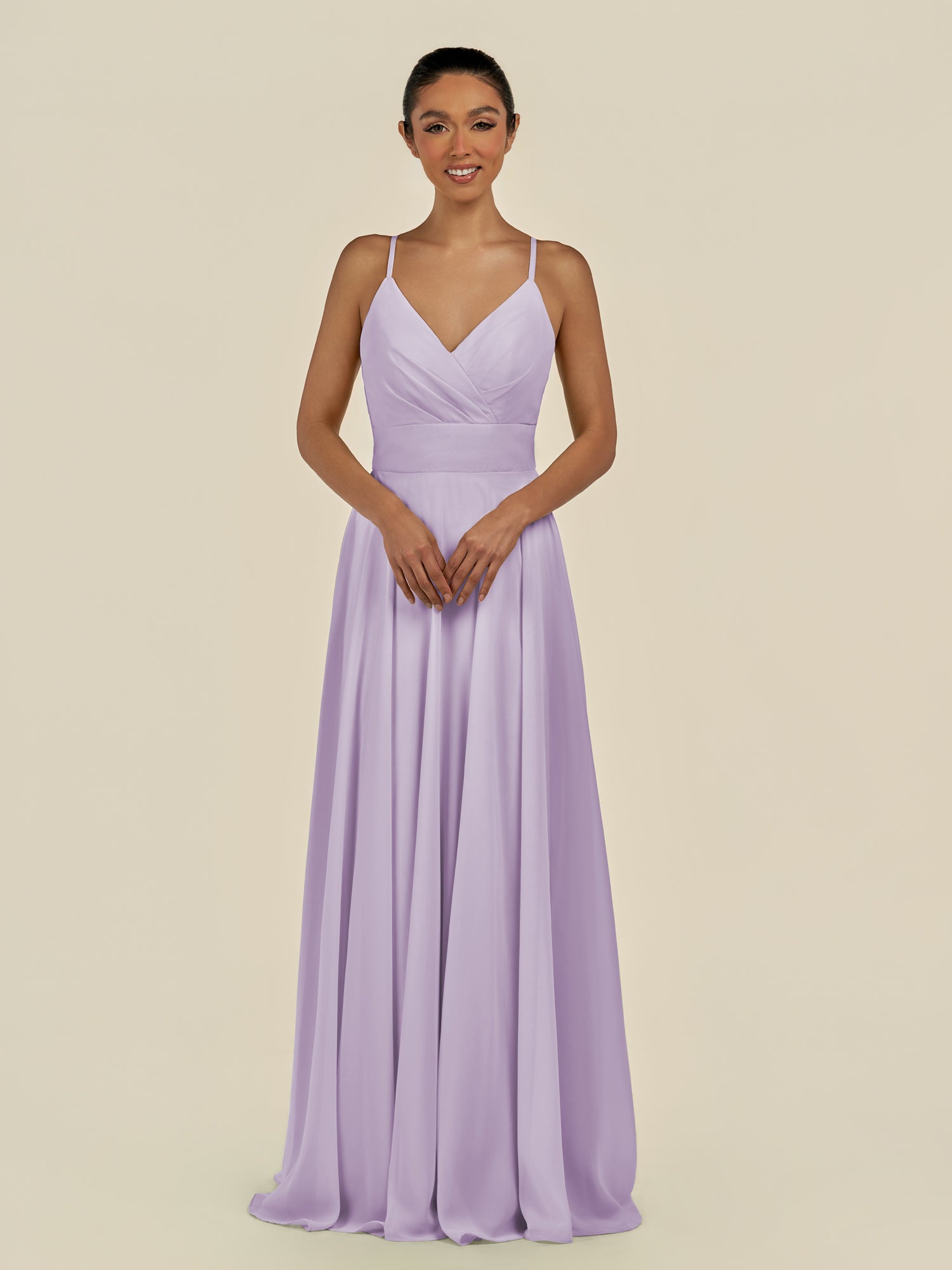 KissDress-Amirae Lavender A Line Chiffon V Neck Long Bridesmaid Dress with Cinched Waistline