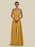 KissDress-Amirae Marigold A Line Chiffon V Neck Long Bridesmaid Dress with Cinched Waistline
