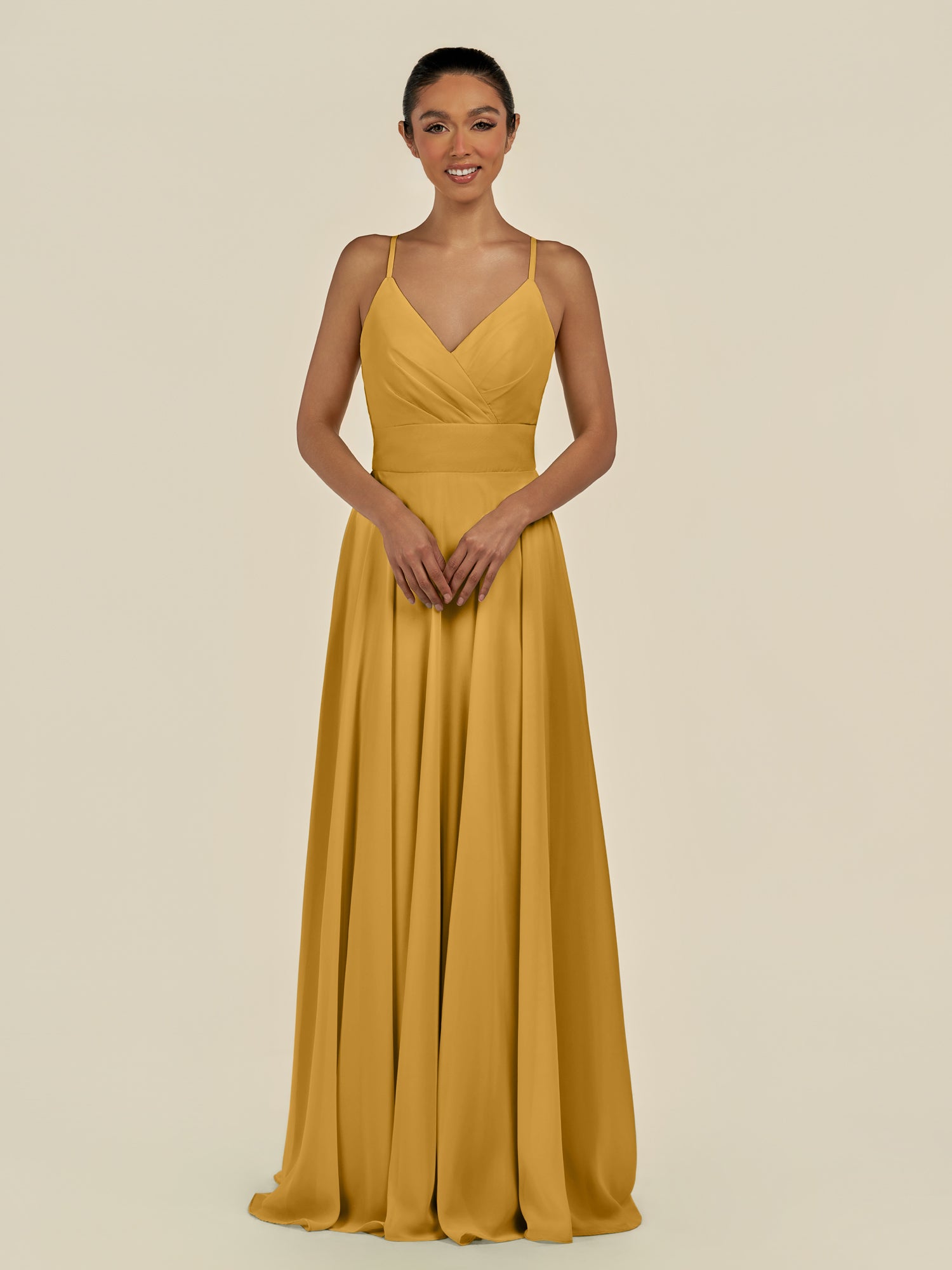 KissDress-Amirae Marigold A Line Chiffon V Neck Long Bridesmaid Dress with Cinched Waistline