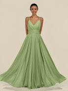 KissDress-Amirae Matcha A Line Chiffon V Neck Long Bridesmaid Dress with Cinched Waistline