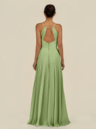 KissDress-Amirae Matcha A Line Chiffon V Neck Long Bridesmaid Dress with Cinched Waistline