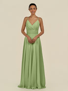 KissDress-Amirae Matcha A Line Chiffon V Neck Long Bridesmaid Dress with Cinched Waistline