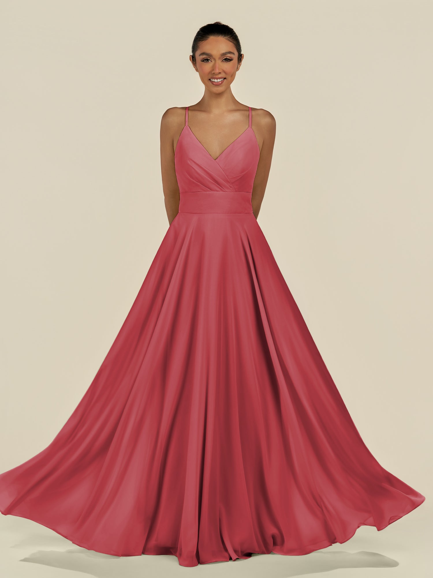 KissDress-Amirae Merlot A Line Chiffon V Neck Long Bridesmaid Dress with Cinched Waistline