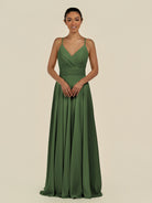 KissDress-Amirae Moss A Line Chiffon V Neck Long Bridesmaid Dress with Cinched Waistline