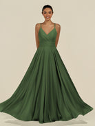 KissDress-Amirae Moss A Line Chiffon V Neck Long Bridesmaid Dress with Cinched Waistline