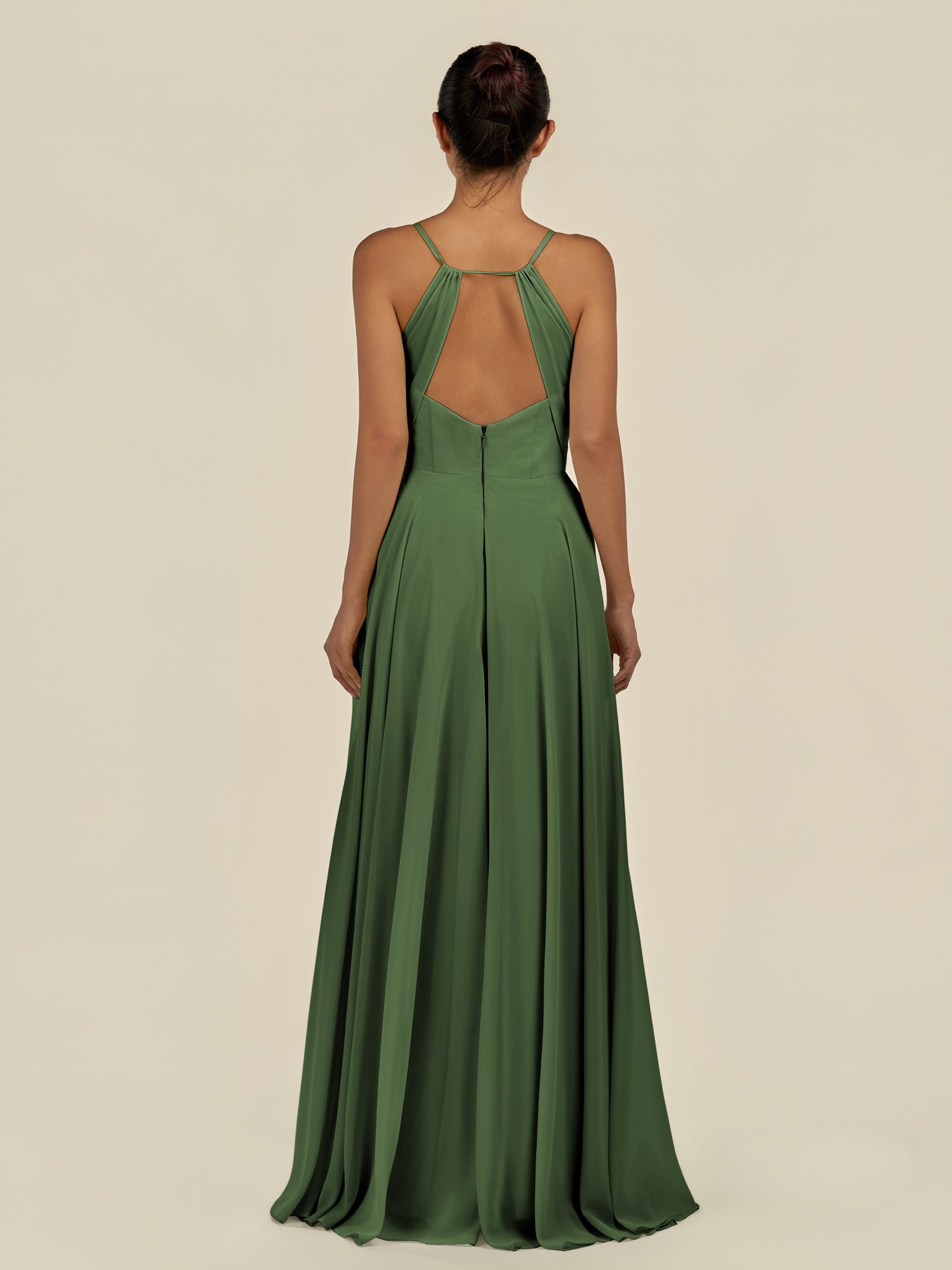KissDress-Amirae Moss A Line Chiffon V Neck Long Bridesmaid Dress with Cinched Waistline