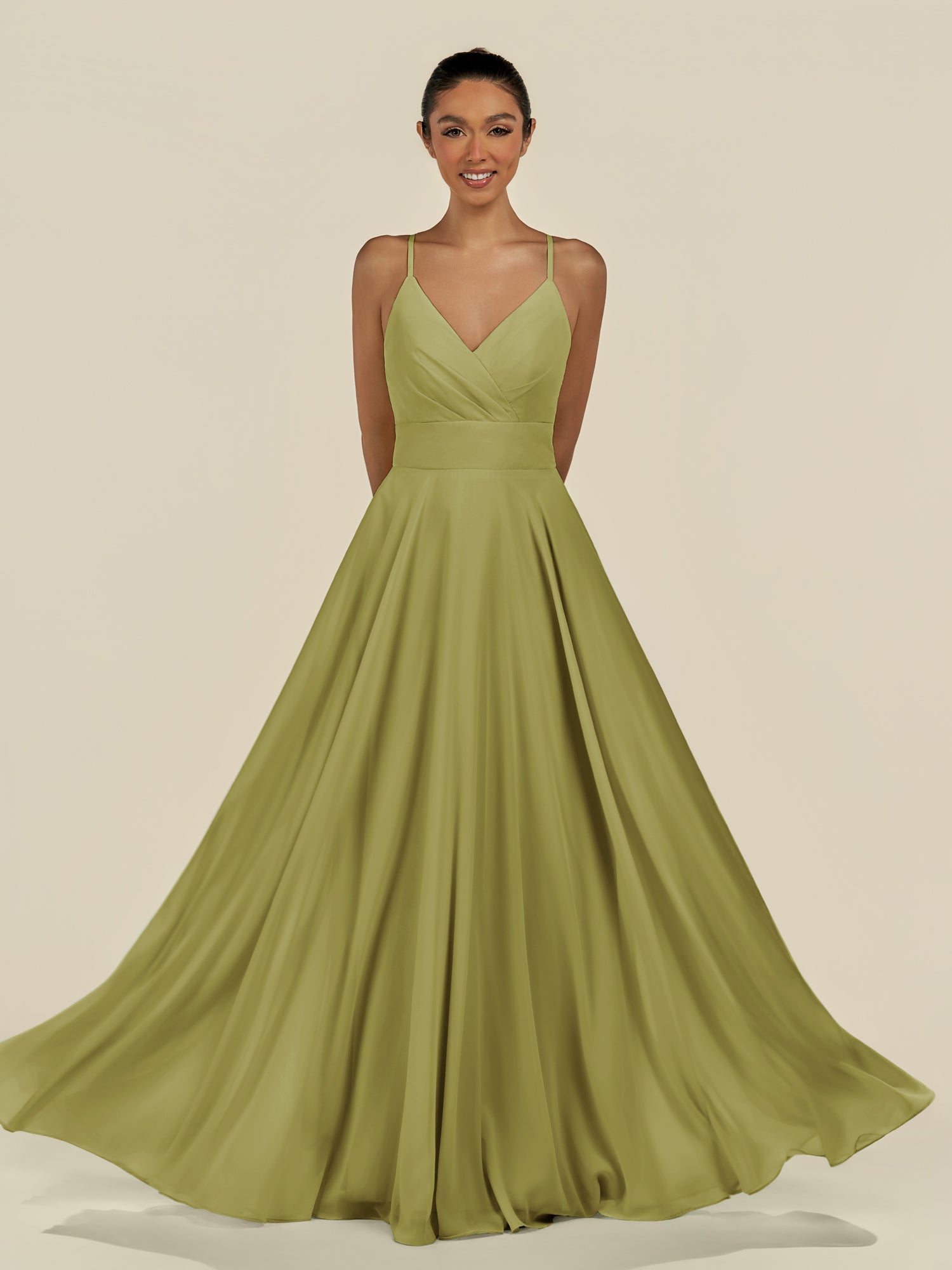 KissDress-Amirae Moss Green A Line Chiffon V Neck Long Bridesmaid Dress with Cinched Waistline