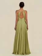 KissDress-Amirae Moss Green A Line Chiffon V Neck Long Bridesmaid Dress with Cinched Waistline