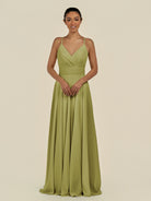 KissDress-Amirae Moss Green A Line Chiffon V Neck Long Bridesmaid Dress with Cinched Waistline