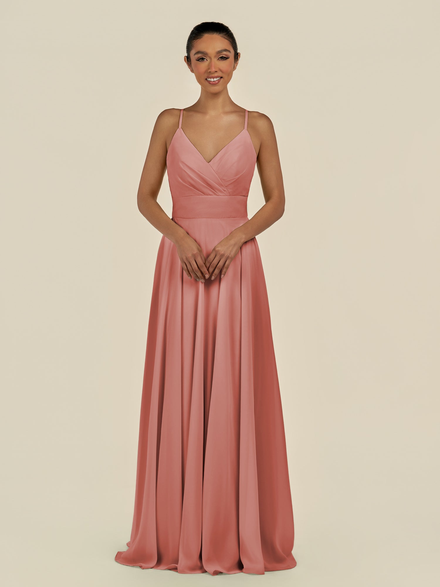 KissDress-Amirae Mulberry A Line Chiffon V Neck Long Bridesmaid Dress with Cinched Waistline