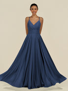 KissDress-Amirae Navy A Line Chiffon V Neck Long Bridesmaid Dress with Cinched Waistline