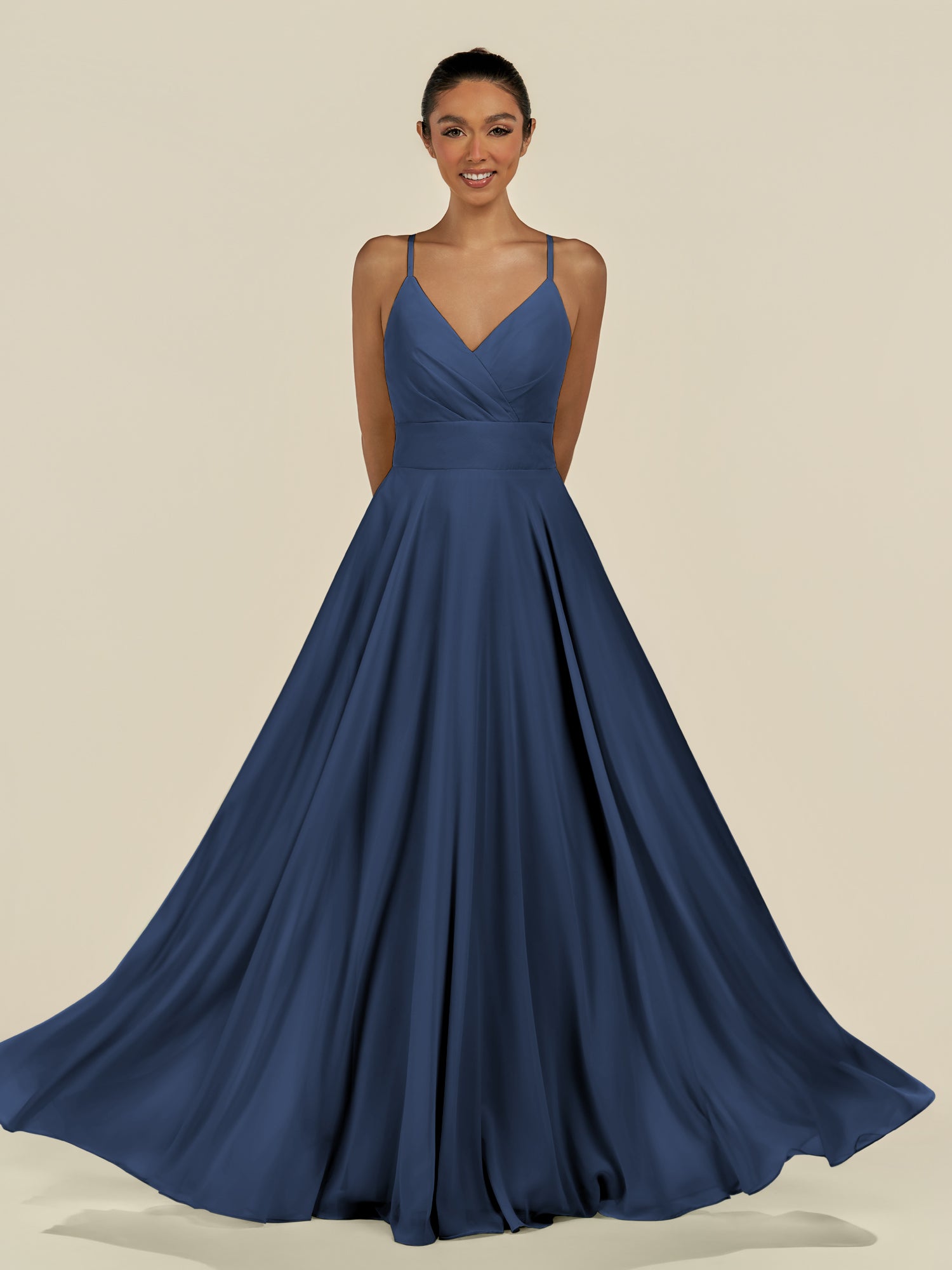 KissDress-Amirae Navy A Line Chiffon V Neck Long Bridesmaid Dress with Cinched Waistline