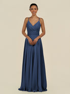 KissDress-Amirae Navy A Line Chiffon V Neck Long Bridesmaid Dress with Cinched Waistline