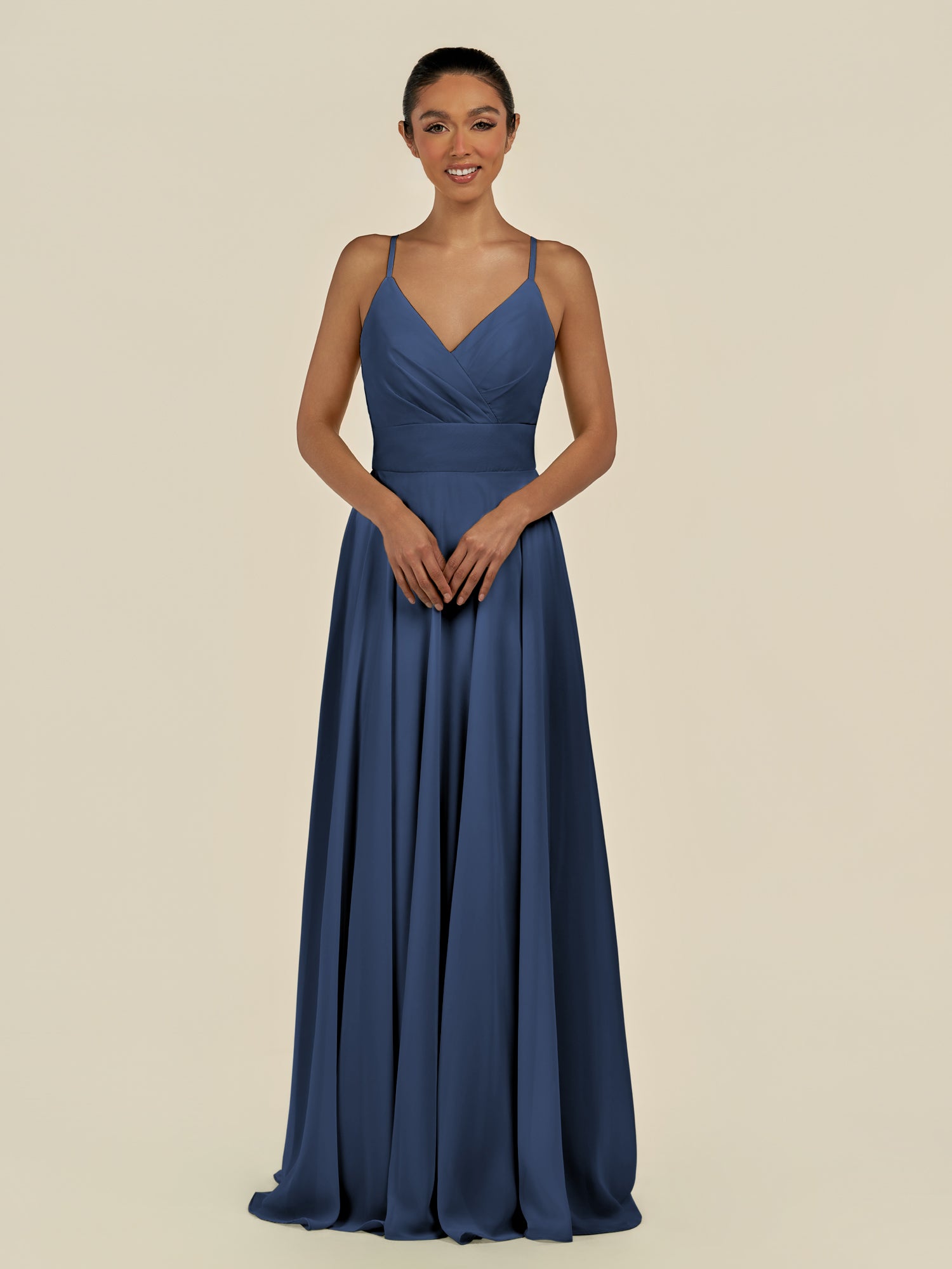 KissDress-Amirae Navy A Line Chiffon V Neck Long Bridesmaid Dress with Cinched Waistline