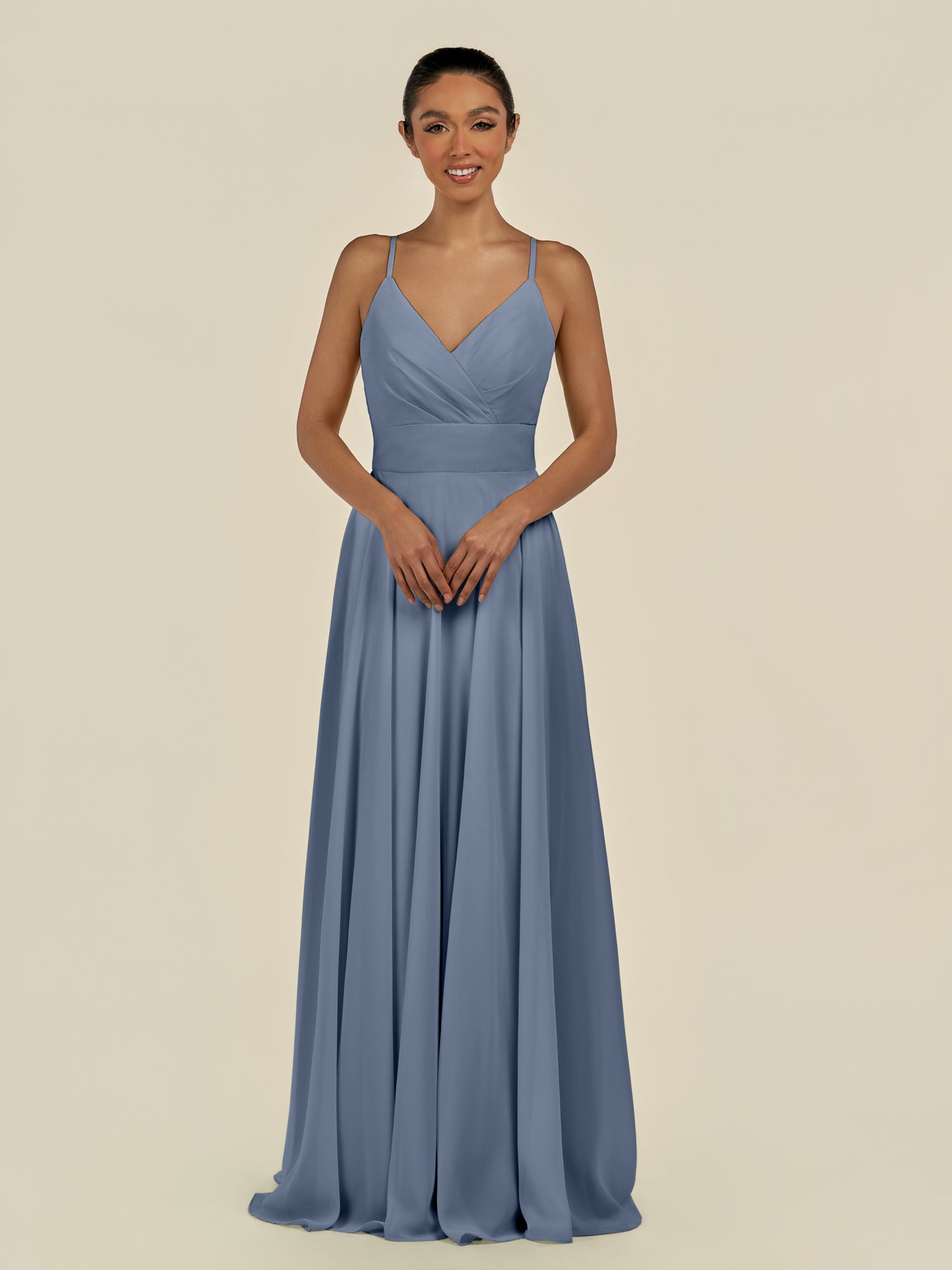 KissDress-Amirae Neptune A Line Chiffon V Neck Long Bridesmaid Dress with Cinched Waistline