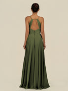KissDress-Amirae Olive A Line Chiffon V Neck Long Bridesmaid Dress with Cinched Waistline