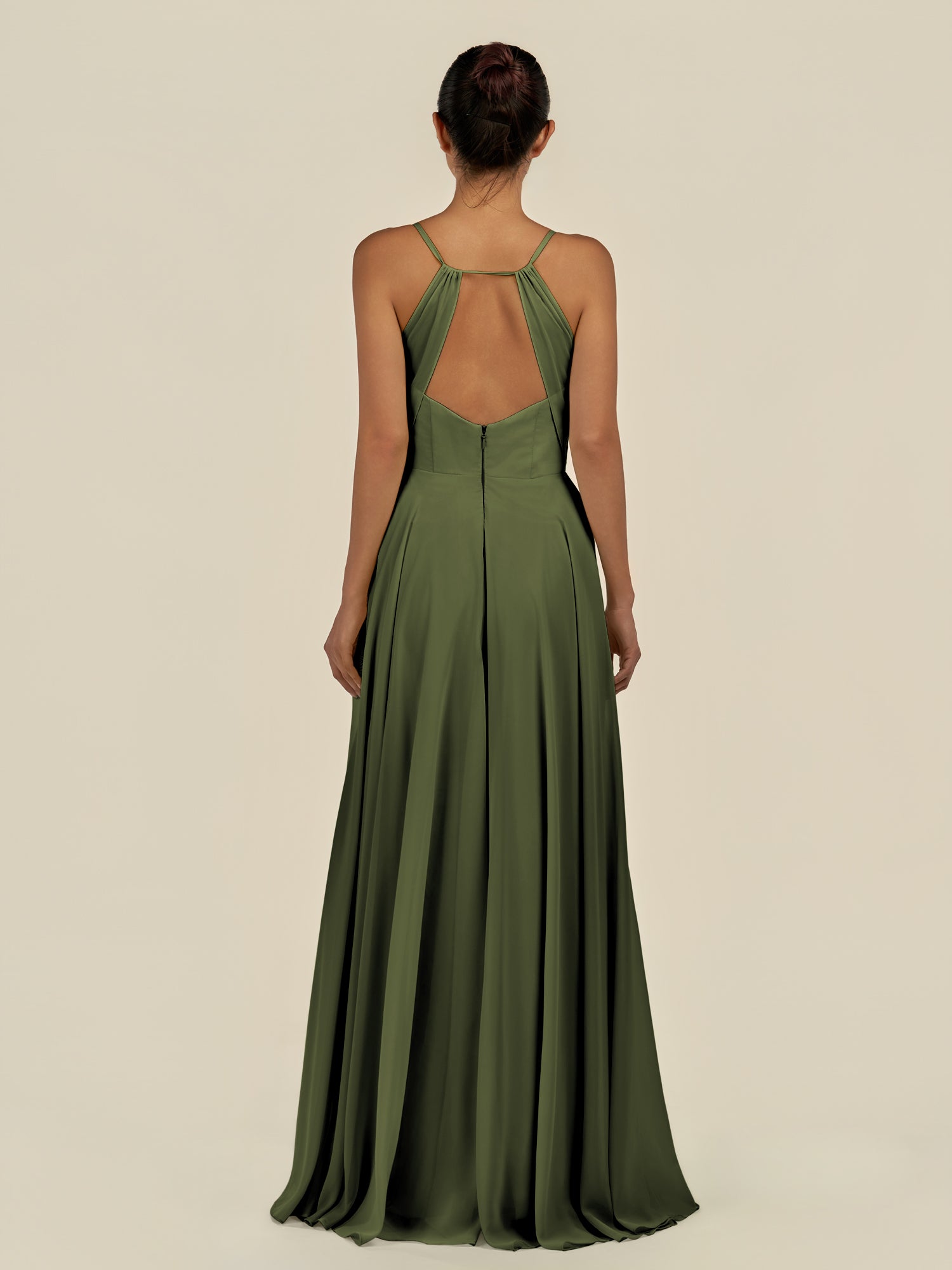 KissDress-Amirae Olive A Line Chiffon V Neck Long Bridesmaid Dress with Cinched Waistline