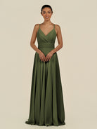 KissDress-Amirae Olive A Line Chiffon V Neck Long Bridesmaid Dress with Cinched Waistline