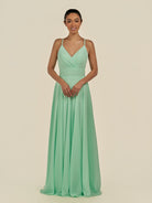 KissDress-Amirae Pale Pistachio A Line Chiffon V Neck Long Bridesmaid Dress with Cinched Waistline