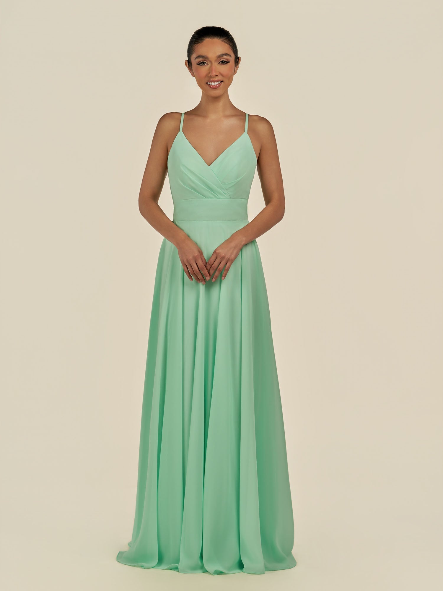 KissDress-Amirae Pale Pistachio A Line Chiffon V Neck Long Bridesmaid Dress with Cinched Waistline