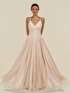 KissDress-Amirae Pale Blush A Line Chiffon V Neck Long Bridesmaid Dress with Cinched Waistline