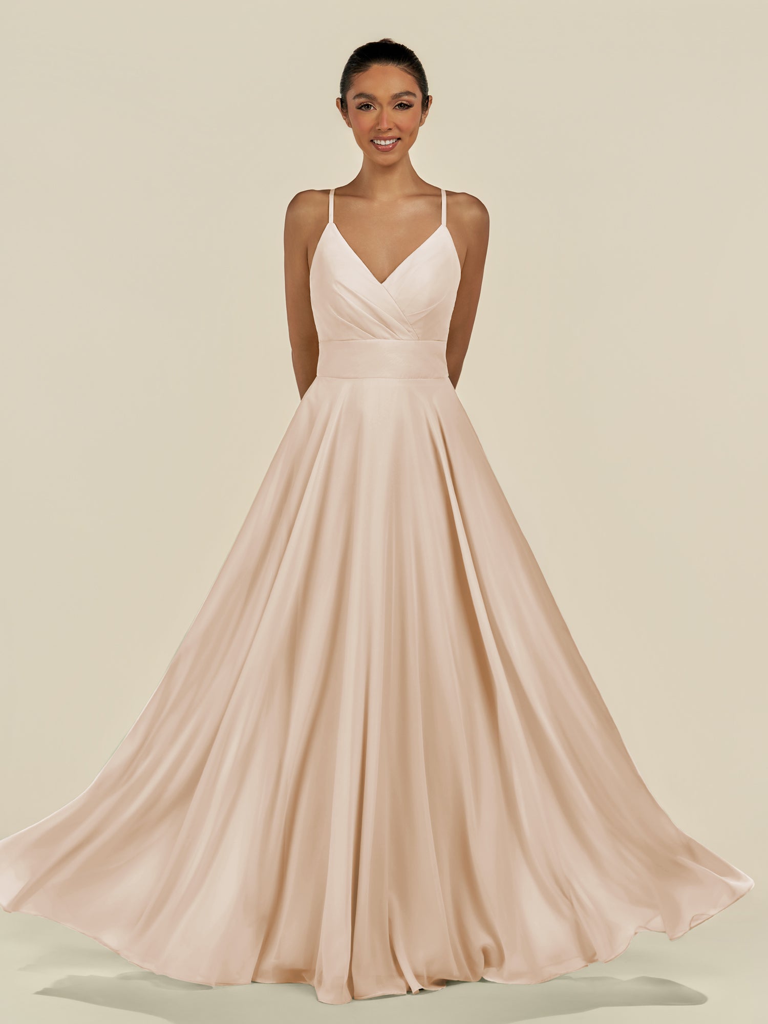 KissDress-Amirae Pale Blush A Line Chiffon V Neck Long Bridesmaid Dress with Cinched Waistline