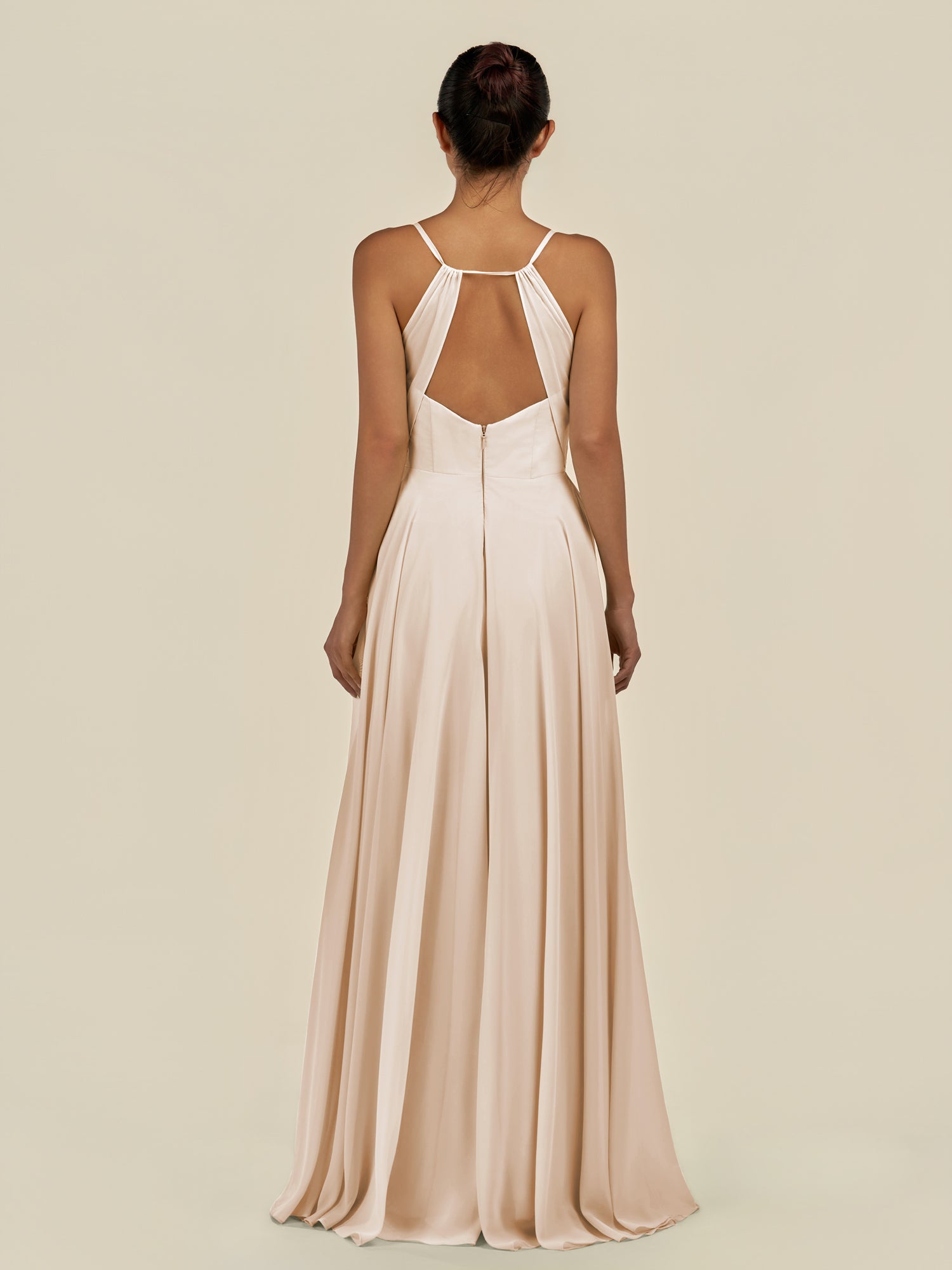 KissDress-Amirae Pale Blush A Line Chiffon V Neck Long Bridesmaid Dress with Cinched Waistline