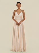 KissDress-Amirae Pale Blush A Line Chiffon V Neck Long Bridesmaid Dress with Cinched Waistline