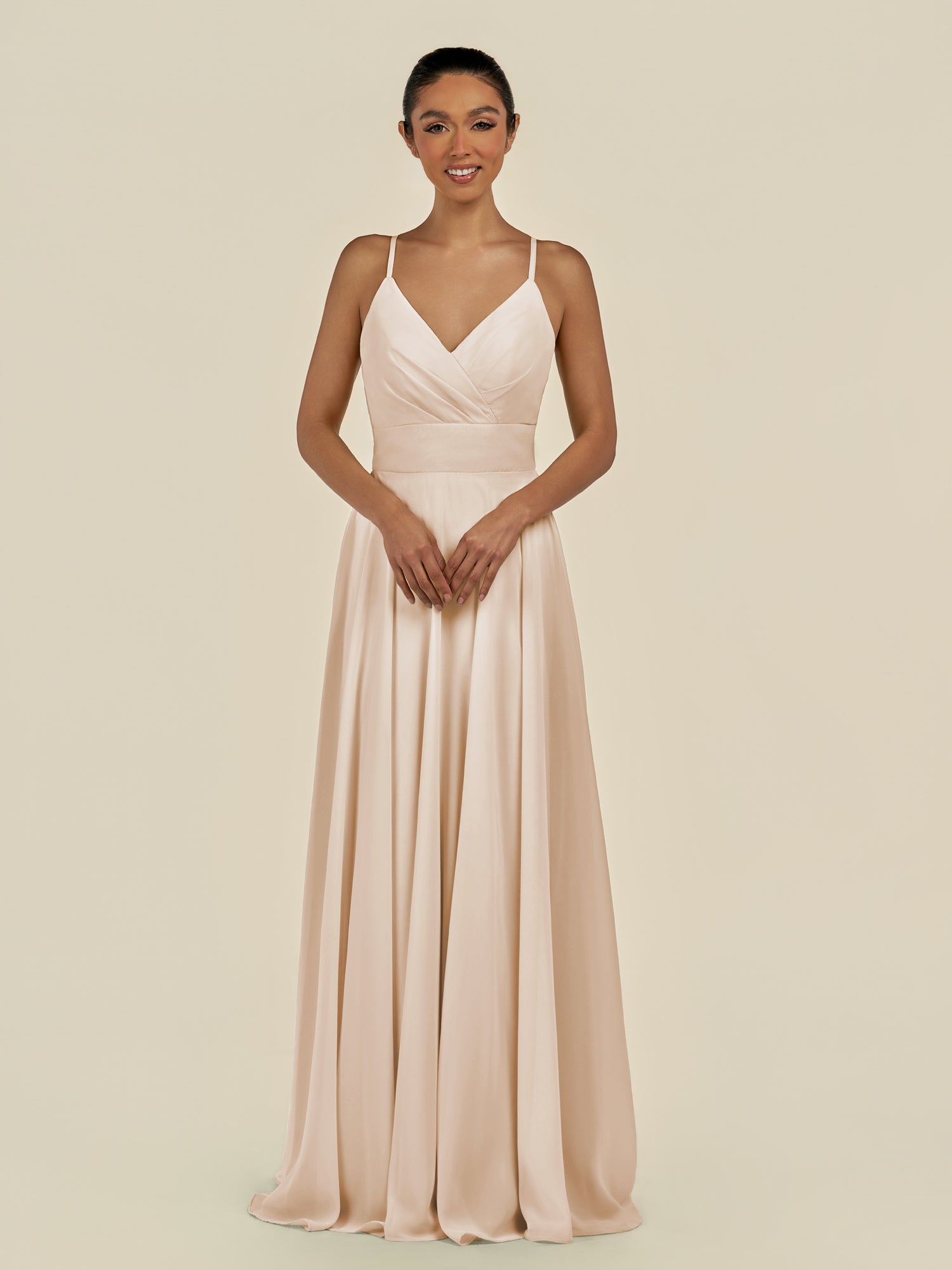 KissDress-Amirae Pale Blush A Line Chiffon V Neck Long Bridesmaid Dress with Cinched Waistline
