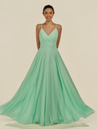 KissDress-Amirae Pale Pistachio A Line Chiffon V Neck Long Bridesmaid Dress with Cinched Waistline