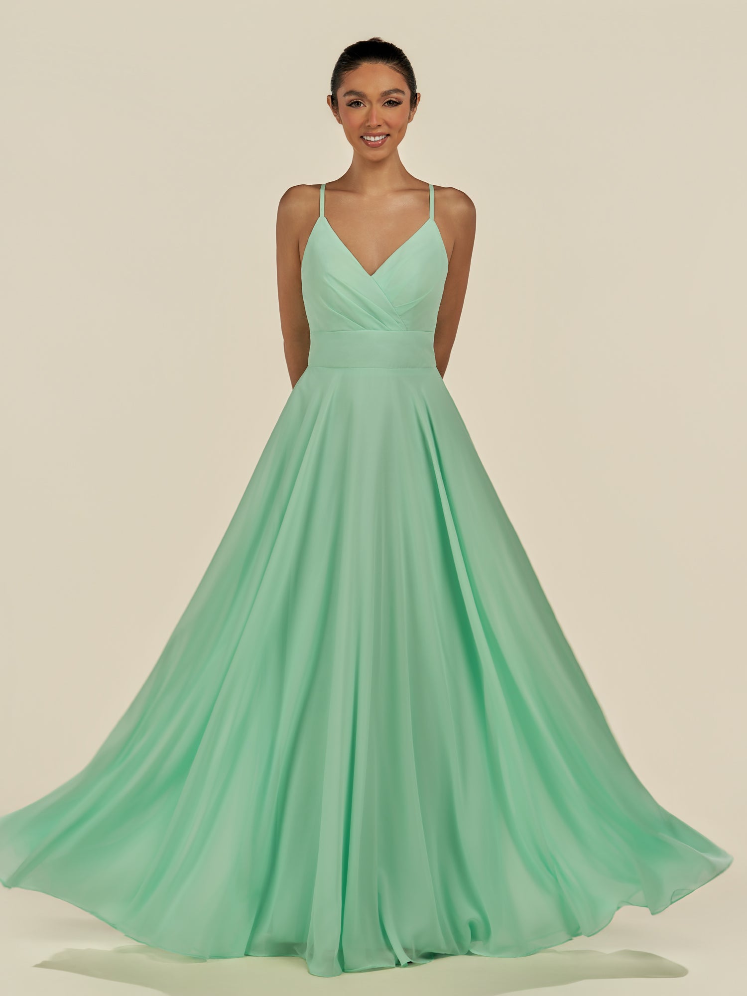 KissDress-Amirae Pale Pistachio A Line Chiffon V Neck Long Bridesmaid Dress with Cinched Waistline