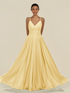 KissDress-Amirae Pastel Yellow A Line Chiffon V Neck Long Bridesmaid Dress with Cinched Waistline