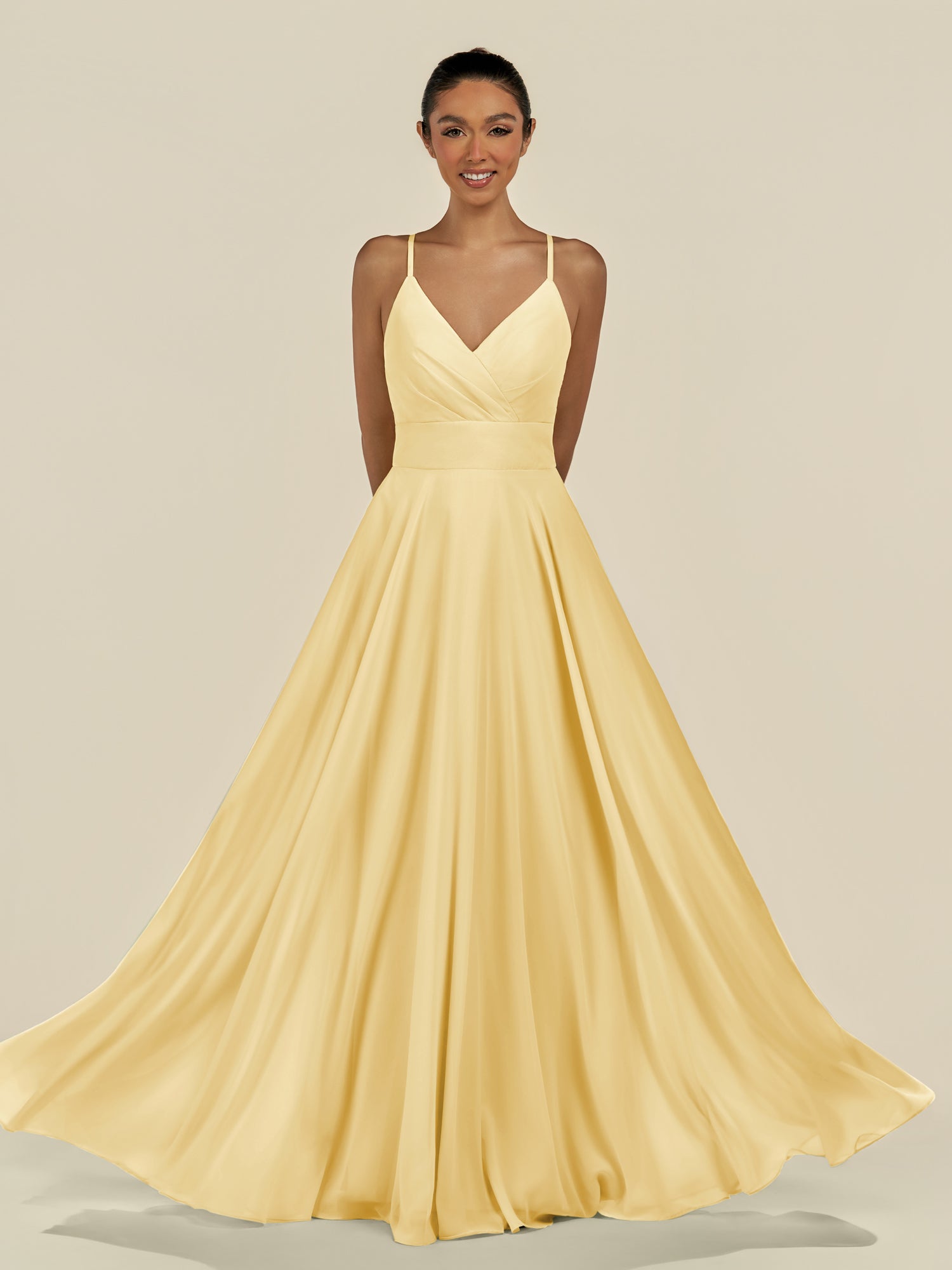 KissDress-Amirae Pastel Yellow A Line Chiffon V Neck Long Bridesmaid Dress with Cinched Waistline