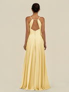KissDress-Amirae Pastel Yellow A Line Chiffon V Neck Long Bridesmaid Dress with Cinched Waistline