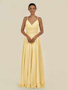 KissDress-Amirae Pastel Yellow A Line Chiffon V Neck Long Bridesmaid Dress with Cinched Waistline