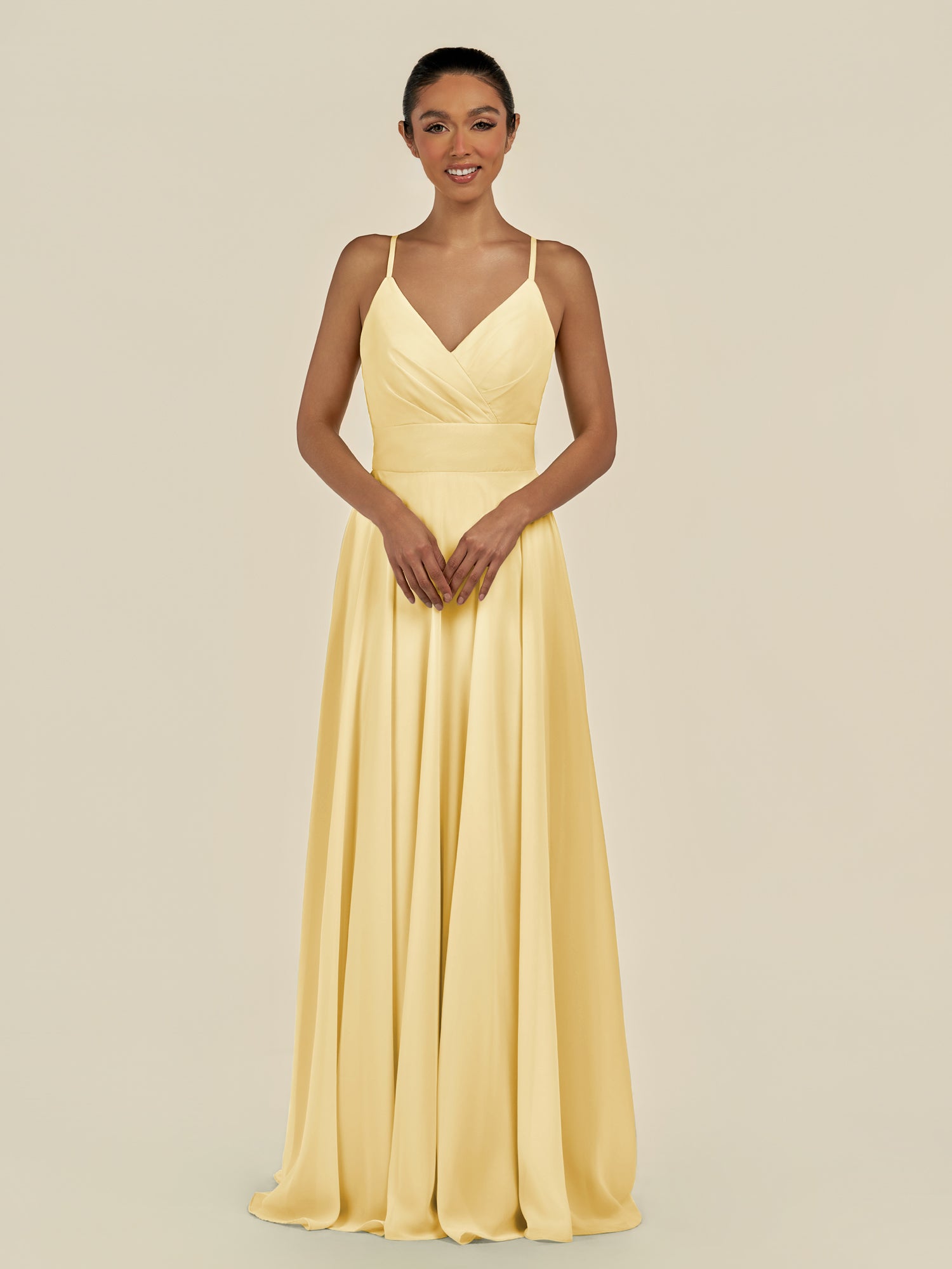 KissDress-Amirae Pastel Yellow A Line Chiffon V Neck Long Bridesmaid Dress with Cinched Waistline