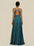 KissDress-Amirae Pine A Line Chiffon V Neck Long Bridesmaid Dress with Cinched Waistline