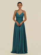 KissDress-Amirae Pine A Line Chiffon V Neck Long Bridesmaid Dress with Cinched Waistline