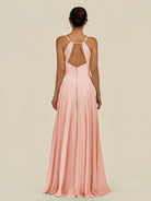 KissDress-Amirae Rose Petal A Line Chiffon V Neck Long Bridesmaid Dress with Cinched Waistline