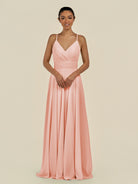 KissDress-Amirae Rose Petal A Line Chiffon V Neck Long Bridesmaid Dress with Cinched Waistline